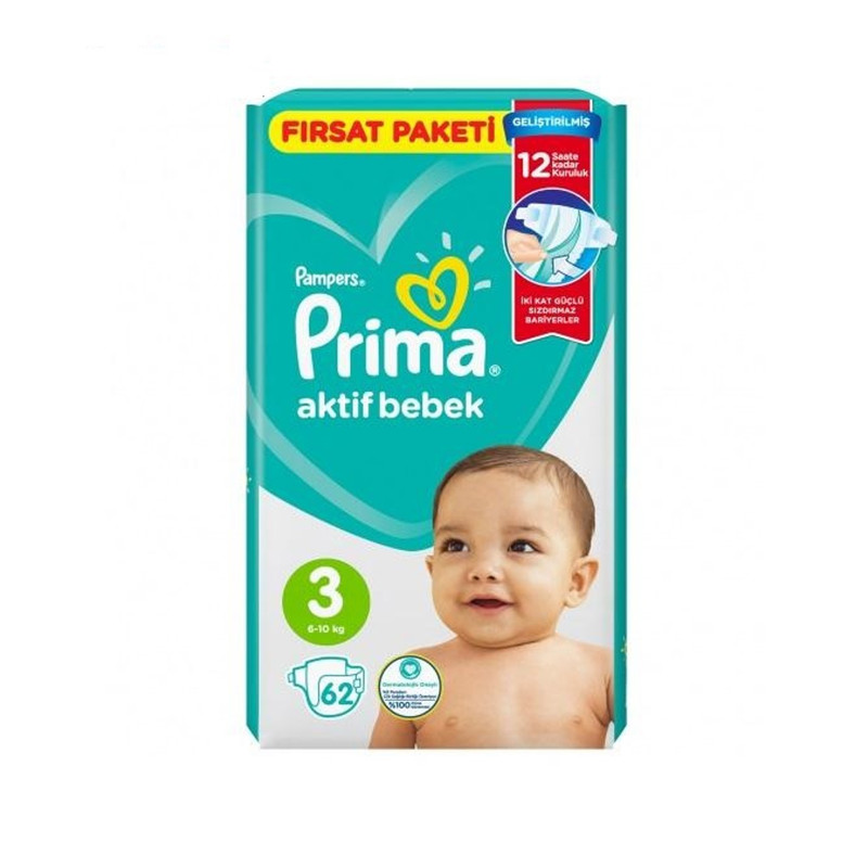 پوشک پریما مدل Aktif bebek سایز 3 بسته 62 عددی مجموعه 3 عددی