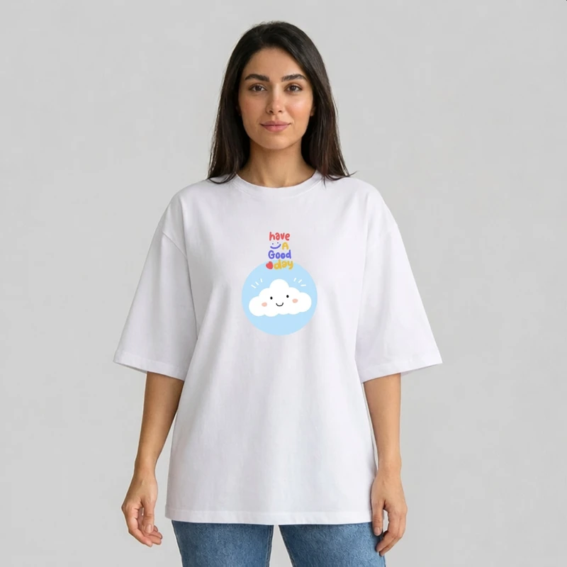 تی شرت آستین سه ربع زنانه مدل باکسی طرح ابر و نوشته کد p1