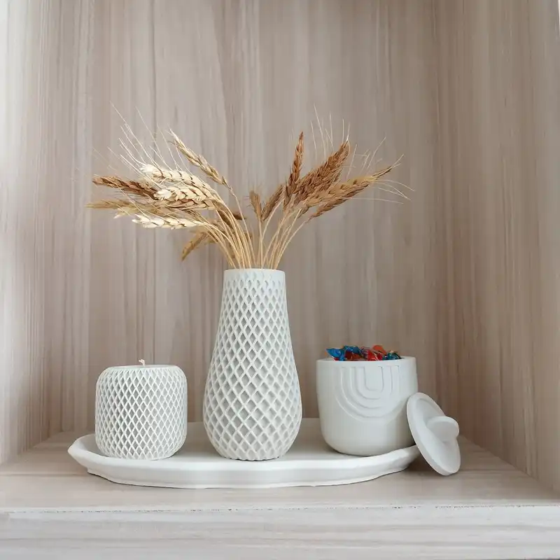 ست 4 تکه گلدان جاشمعی بتنی مدل دکوری به همراه سینی