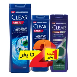 شامپو ضد شوره و خنک کننده کلییر حجم 400 میلی لیتر و 200 میلی لیتر به همراه با شامپو ضد شوره کلییر مدل خنک کننده فعال 3x1 حجم 200 میلی لیتر