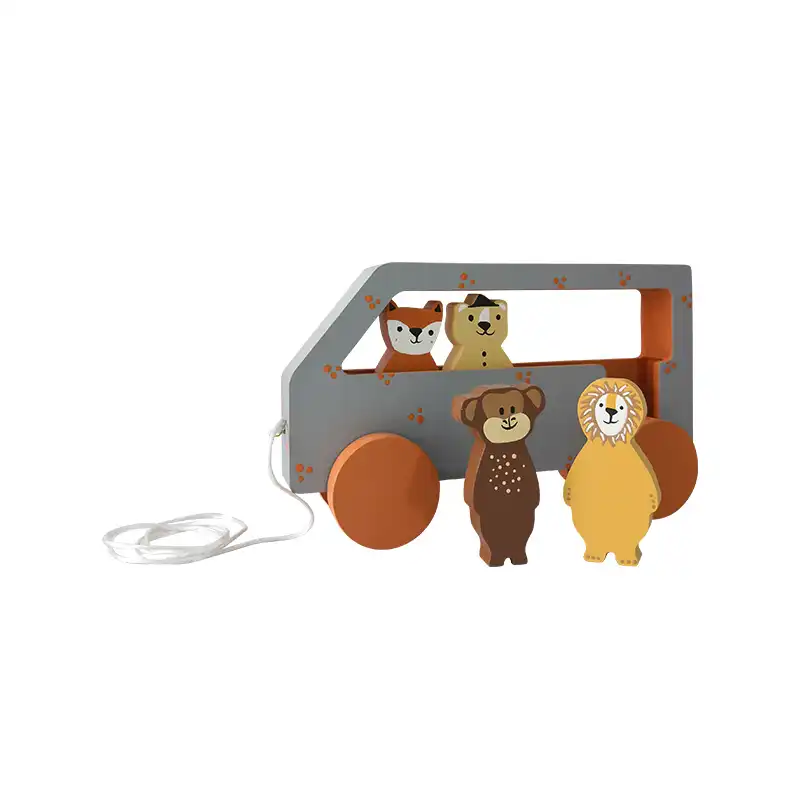 اسباب بازی چوبی طرح اتوبوس حیوانات جنگلی مدل MKids59-F مجموعه 4 عددی