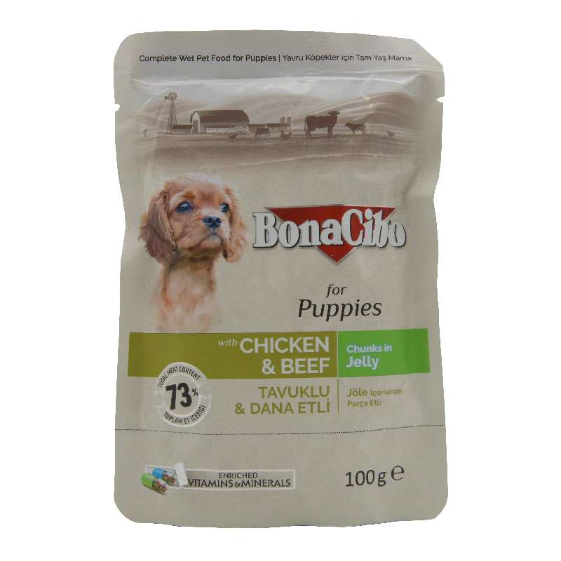 پوچ توله سگ بوناسیبو مدل Chicken & Beef وزن 100 گرم مجموعه 12 عددی