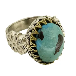 انگشتر نقره مردانه مدل شبکه زنی سیاه قلم مزین به فیروزه نیشابوری 45-090