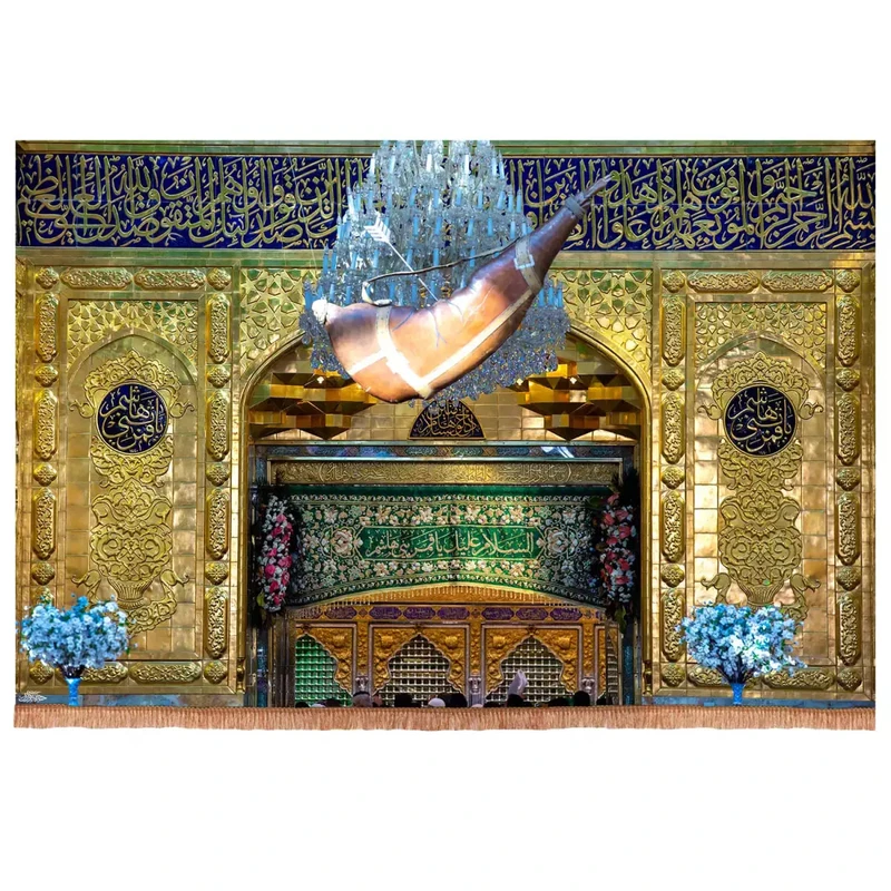 پرچم خدمتگزاران مدل کتیبه محرم طرح ضریح حرم حضرت ابالفضل العباس علیه السلام و مشک آب کد 40003087