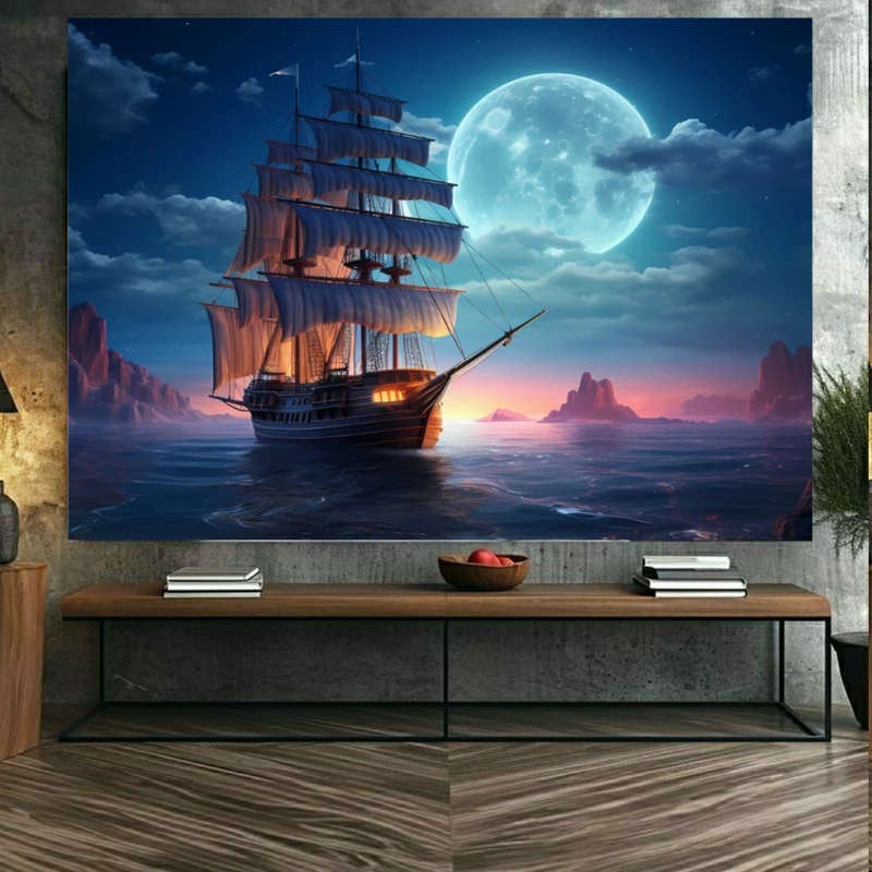 تابلو بوم طرح مخمل کشتی مدل ماه کامل کد BK23460