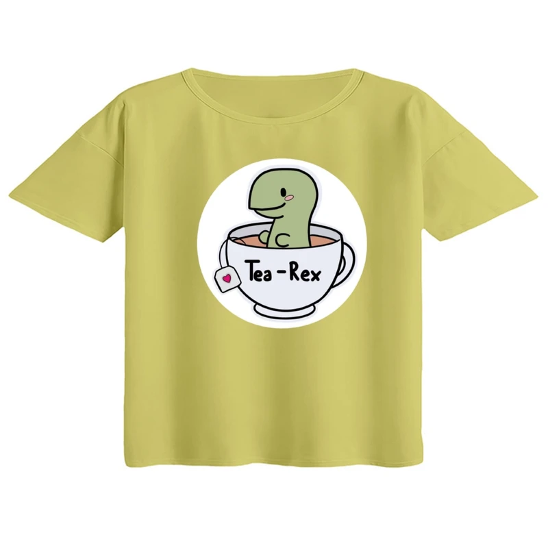 کراپ تی‌شرت آستین کوتاه زنانه مدل دایناسور و چای