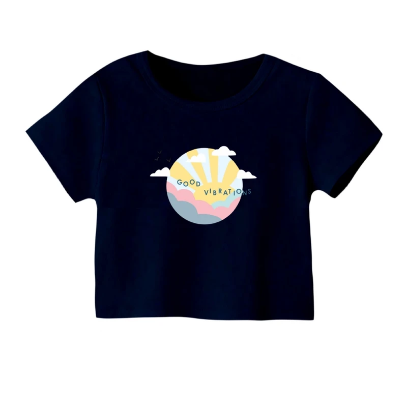 کراپ‌ تی‌شرت آستین کوتاه زنانه مدل ارتعاش مثبت رنگ سرمه ای