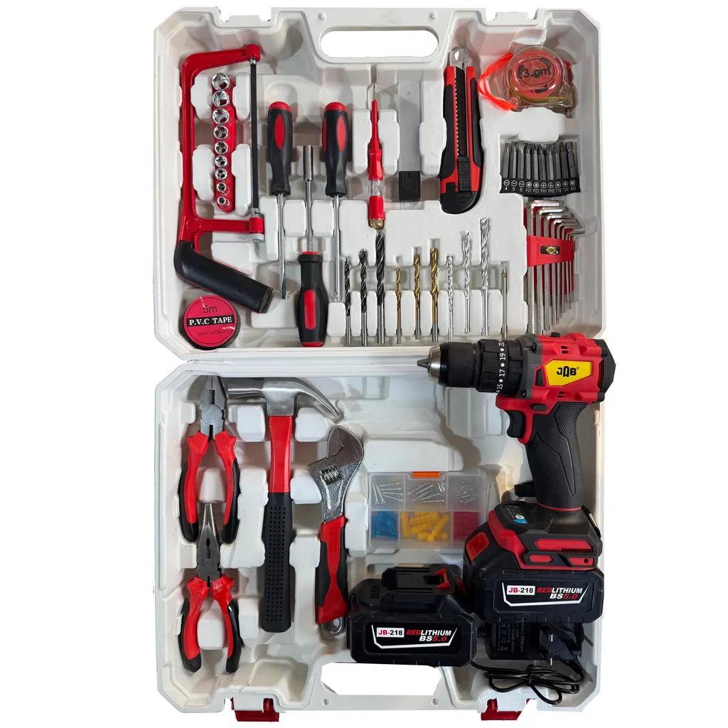 دریل پیچ گوشتی چکشی شارژی سه نظام فلزی  10 میلیمتر 198 ولت جاب مدل JB-198 POWER FULL KIT مجموعه 210 عددی