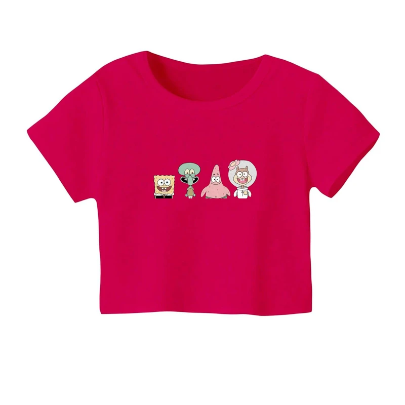 کراپ‌ تی‌شرت آستین کوتاه زنانه مدل باب اسفنجی و دوستان کد۱