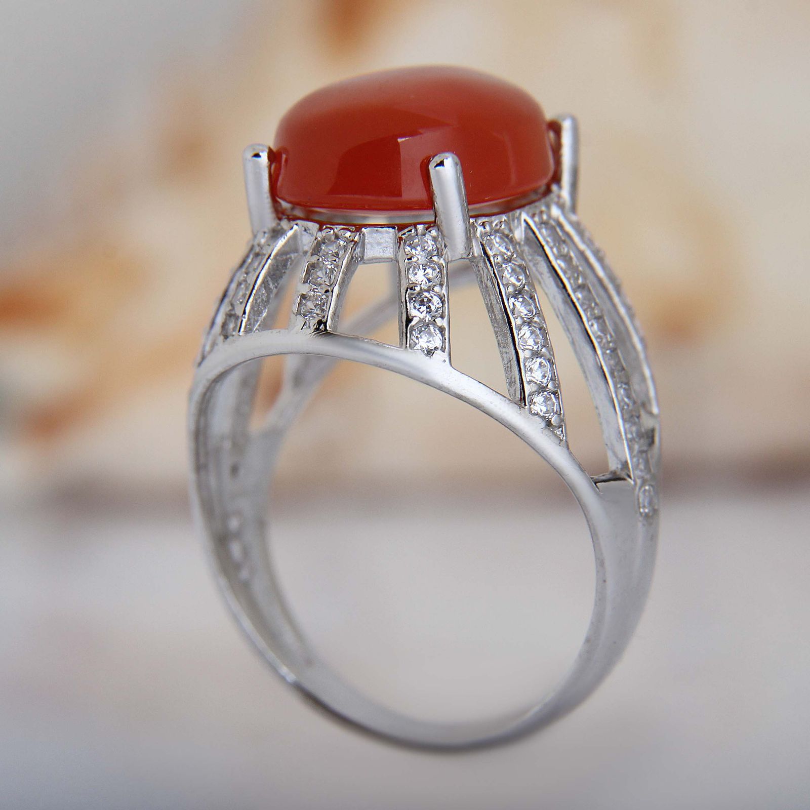 انگشتر نقره زنانه مدل عقیق یمن مخراج برلیان آبکاری رادیوم کد AWR_1690 -  - 6