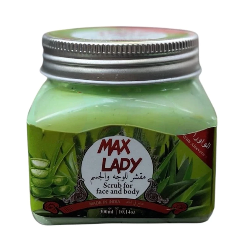 اسکراب  لایه بردار صورت و بدن مکس لیدی مدل آلوئه ورا مناسب برای انواع پوست حجم 300 میلی لیتر
