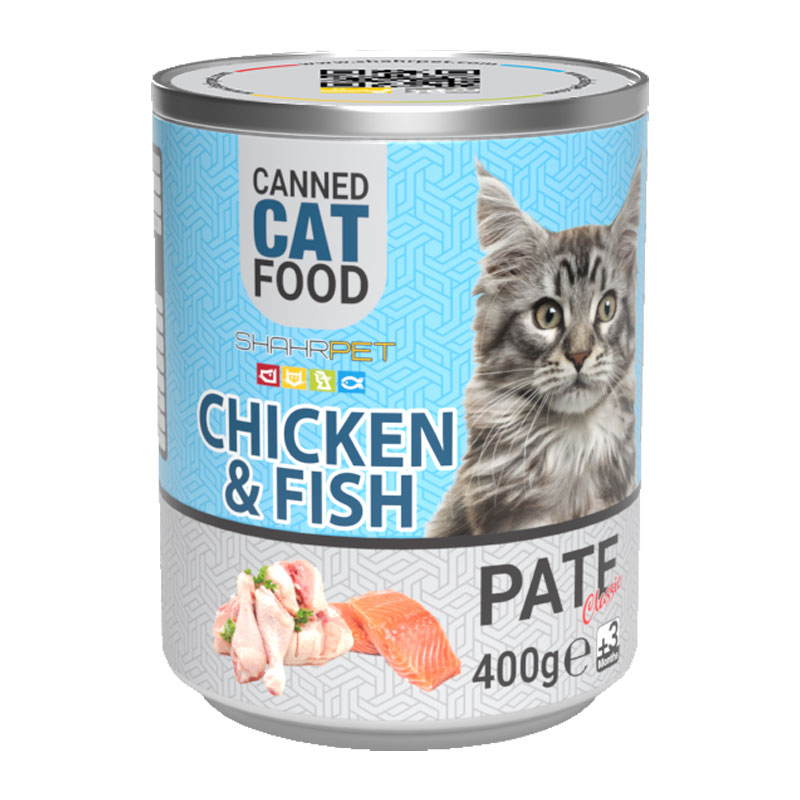 کنسرو غذای گربه شهرپت مدل Chicken And Fish وزن 400 گرم