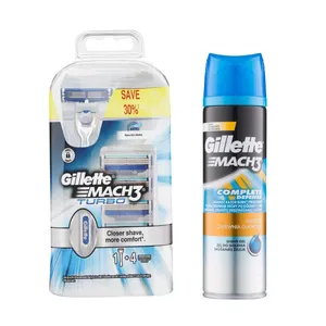 خود تراش مردانه ژیلت مدل Mach3 Turbo همراه 4  عدد تیغ یدک و ژل 200 میل