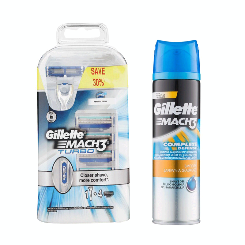 خود تراش مردانه ژیلت مدل Mach3 Turbo همراه 4 عدد تیغ یدک و ژل 200 میل