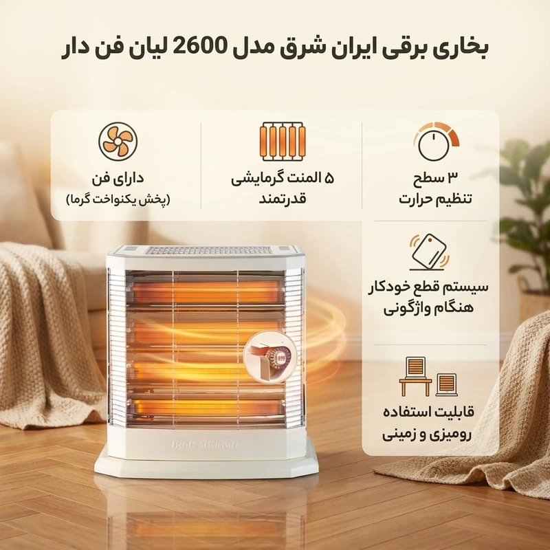 عکس شماره 2 : بخاری برقی ایران شرق مدل 2600 لیان فن دار