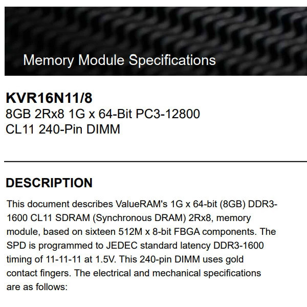 رم دسکتاپ DDR3 کینگستون 1600 مگاهرتز مدل KVR16N11/8 PC3-12800 ظرفیت 8 گیگابایت