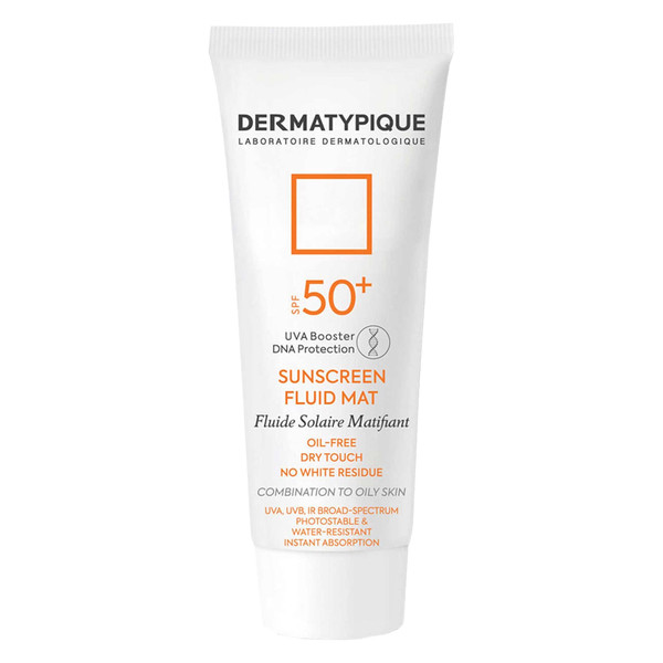 فلوئید ضدآفتاب بیرنگ درماتیپیک SPF50 مدل Fluid mat، مناسب پوستهای چرب و مختلط، حجم 40 میلیلیتر