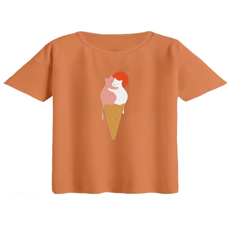 کراپ تی‌شرت آستین کوتاه زنانه مدل بستنی گربه ای