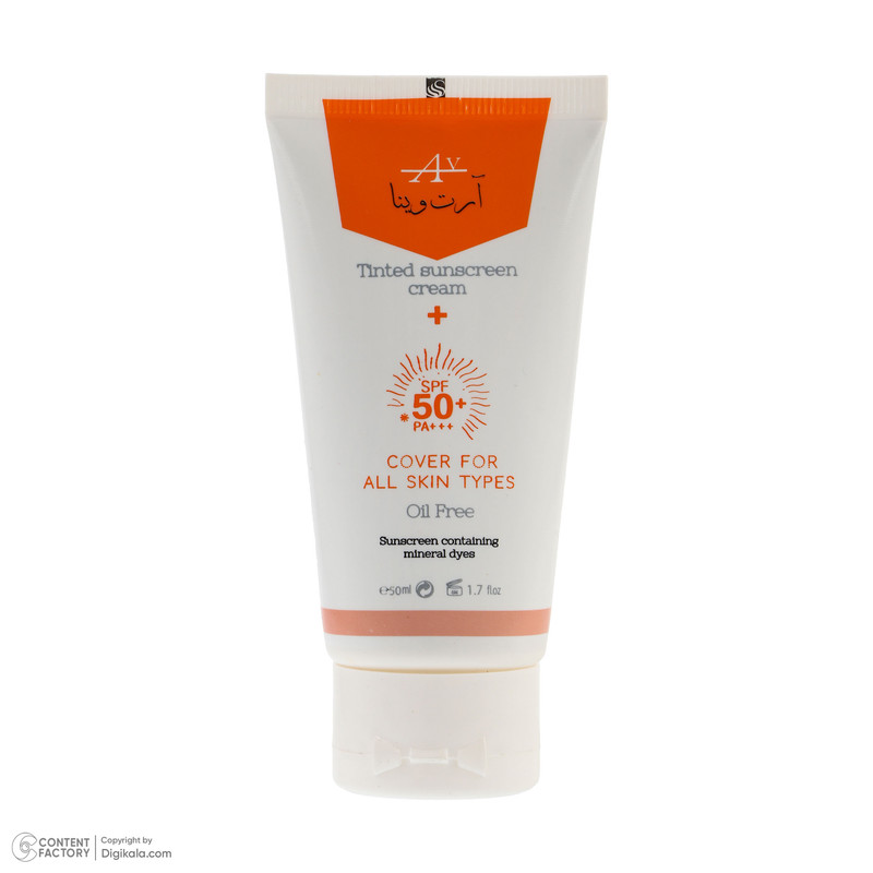 کرم ضد آفتاب رنگی آرت وینا، SPF 50 مدل آلوئه‌ورا مناسب انواع پوست، تنالیته رنگ متوسط، حجم 50 میلی‌لیتر، حاوی محافظ UVA ،UVB و PA+++، ضد پیری، دارای فرمولاسیون شیمیایی، با ماندگاری 4 ساعته
