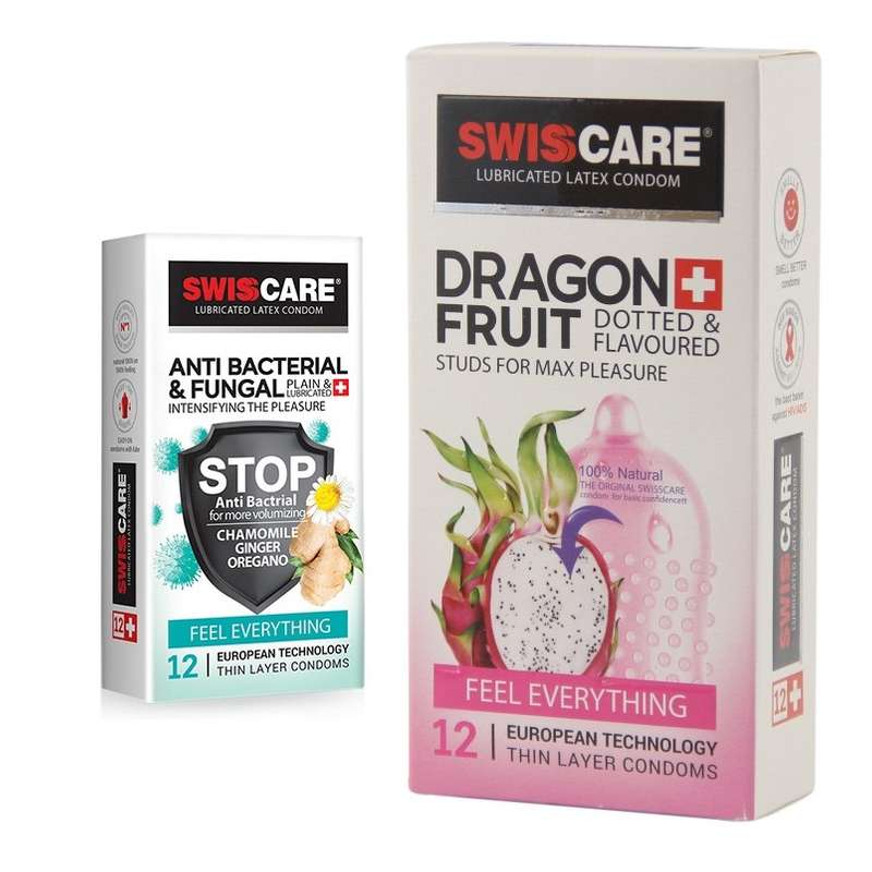 کاندوم سوئیس کر مدل ANTI BACTERIAL بسته 12 عددی به همراه کاندوم سوئیس کر مدل DRAGON FRUIT بسته 12 عددی