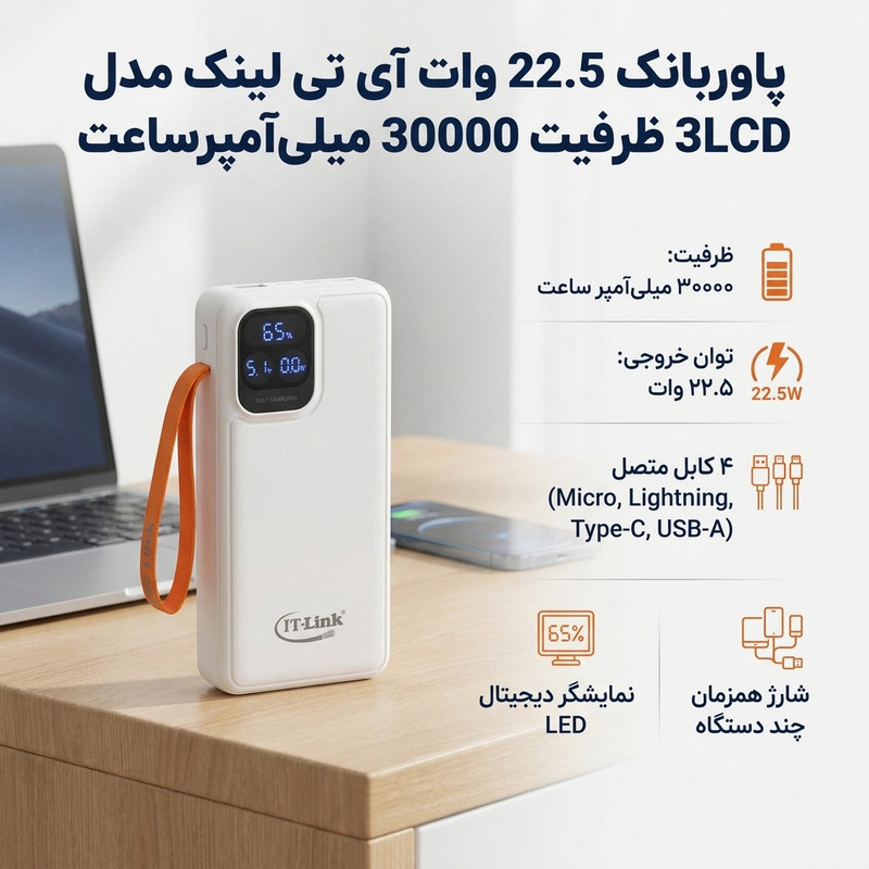 پاوربانک 22.5 وات آی تی لینک مدل 3LCD ظرفیت 30000 میلی‌آمپر‌ساعت