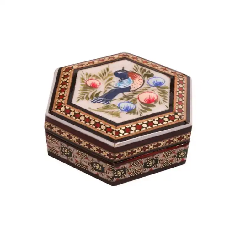 جعبه جواهرات خاتم کاری مدل گل و مرغ کد 01