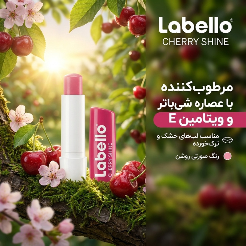 بالم لب مرطوب‌کننده لابلو مدل CHERRY SHINE با عصاره شی‌باتر و ویتامین E مناسب پوست خشک و ترک‌خورده بانوان، دارای بافت جامد و محفظه ماتیکی