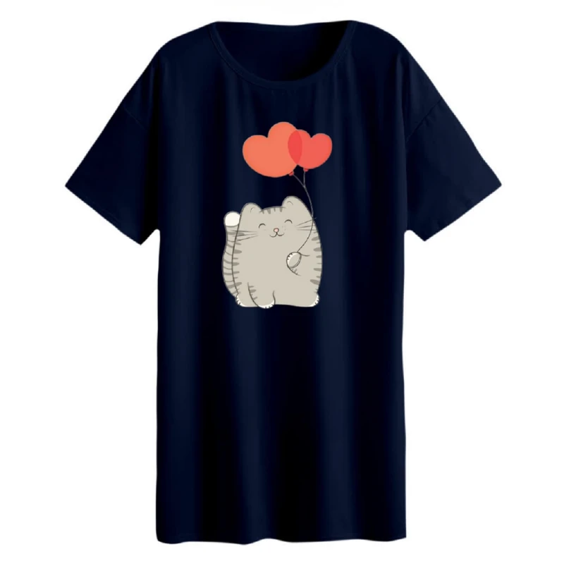 تی شرت لانگ زنانه مدل گربه و بادکنک قلبی