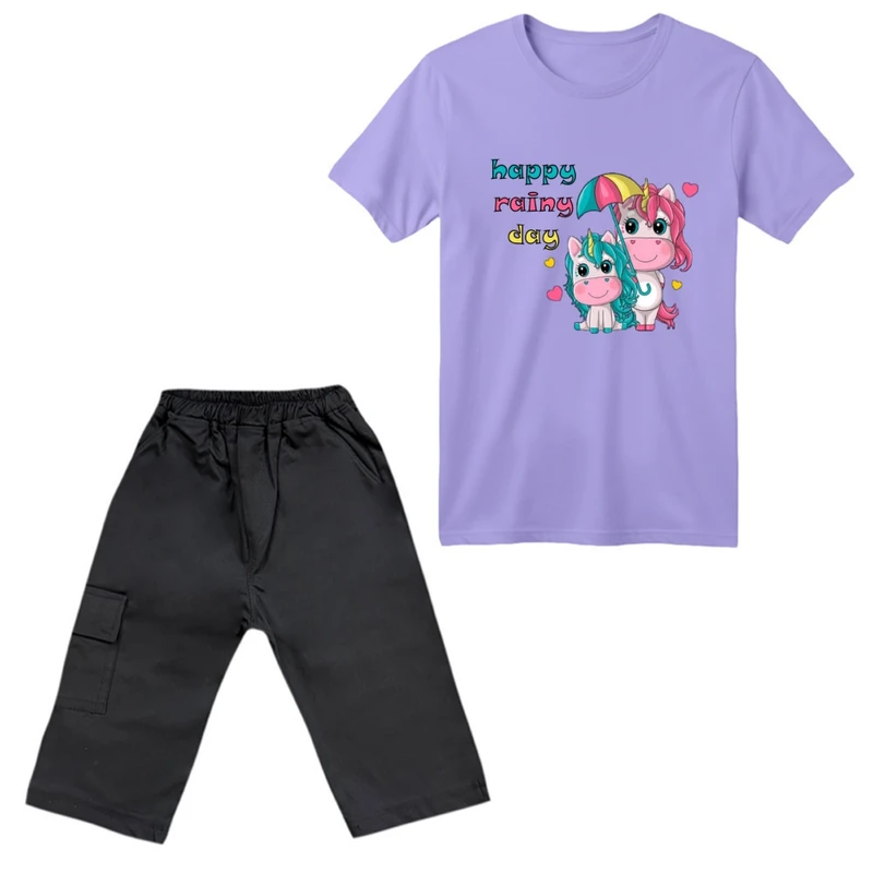 ست تی‌شرت آستین کوتاه و شلوارک دخترانه مدل یونیکورن کد ۴۷