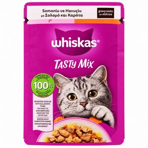 پوچ گربه بالغ ویسکاس مدل Tasty Mix طعم سالمون و هویج وزن 85 گرم