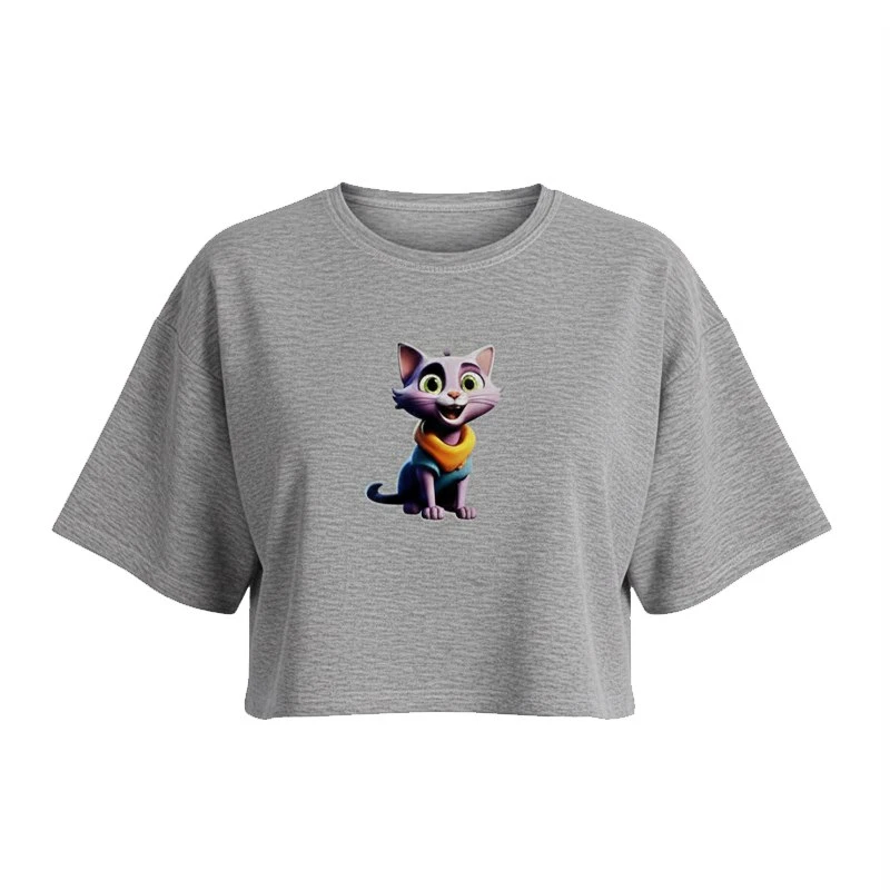 کراپ تی‌شرت آستین کوتاه زنانه مدل گربه کد S21