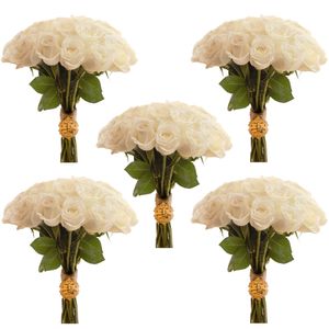 دسته گل طبیعی رز هلندی سفید هیمان کد 1100 بسته 5 عددی