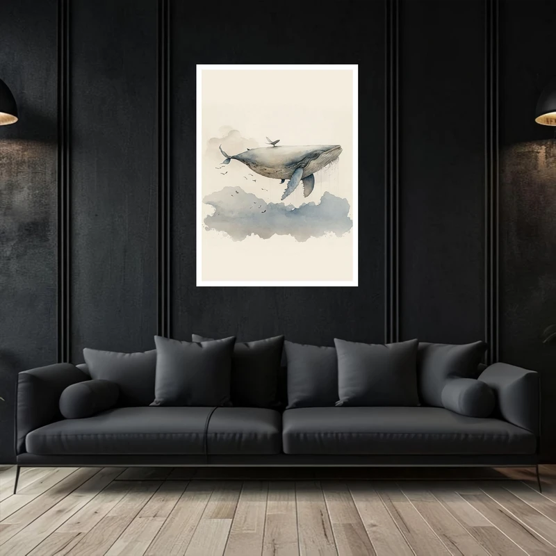 تابلو بکلیت طرح نقاشی ابرنگ حیوانات نهنگ کودک و کودکان مدل W-bu5470 فریم سفید