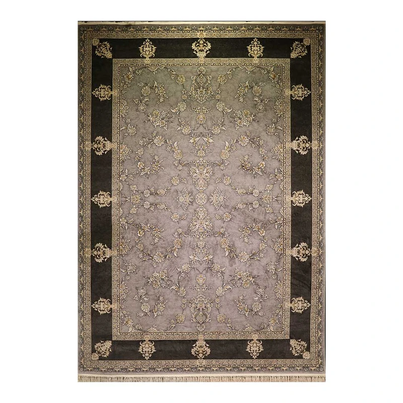 فرش ماشینی 700 شانه فرش زمرد مشهد زمینه دودی رنگی حاشیه دودی مدل افشان طلاکوب کد 30009