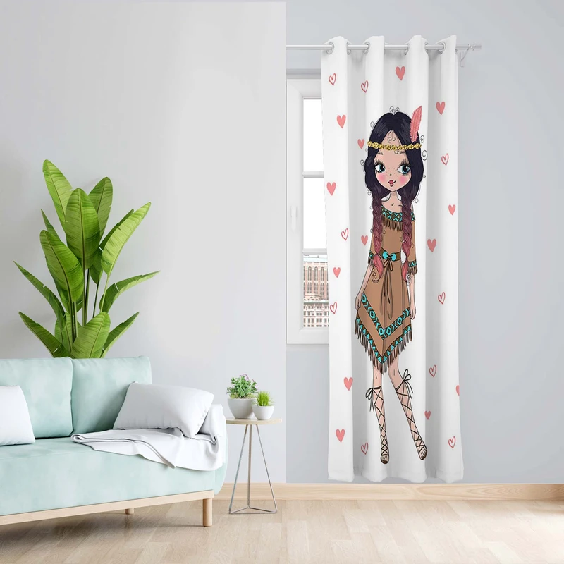 پرده طرح کودک دختر سرخپوست مدل مخمل پانچی کد 5330L z سایز 140x200 سانتی متر