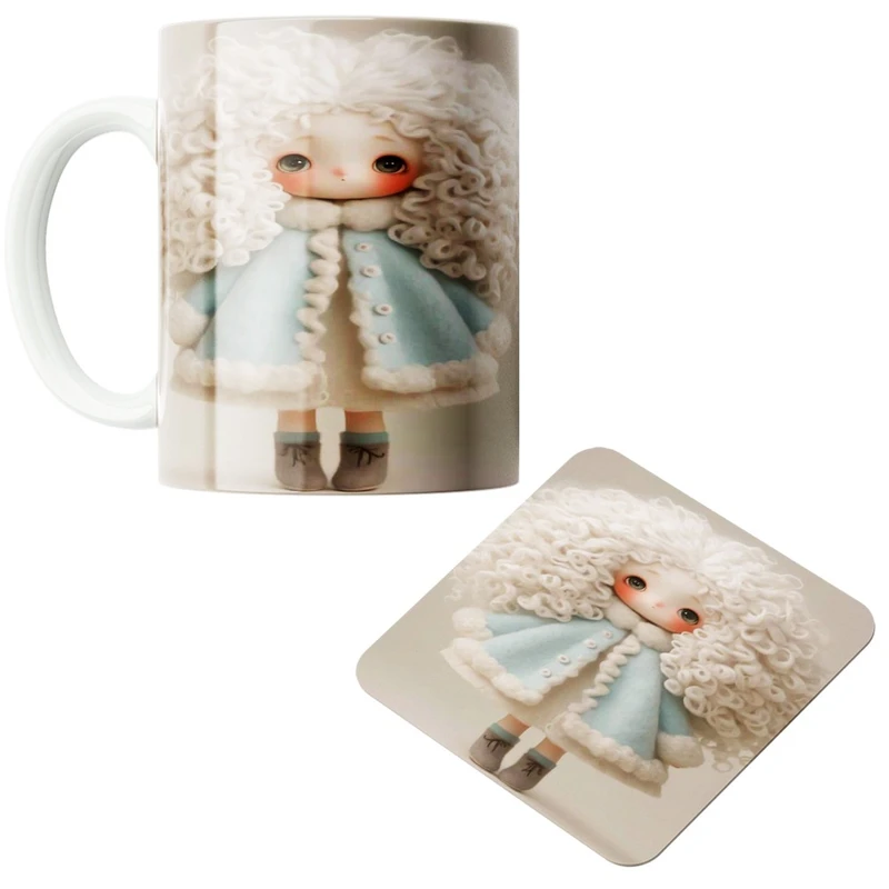 ماگ پاد آفرین مدل دختر موفرفری کد554 به همراه زیر لیوانی 