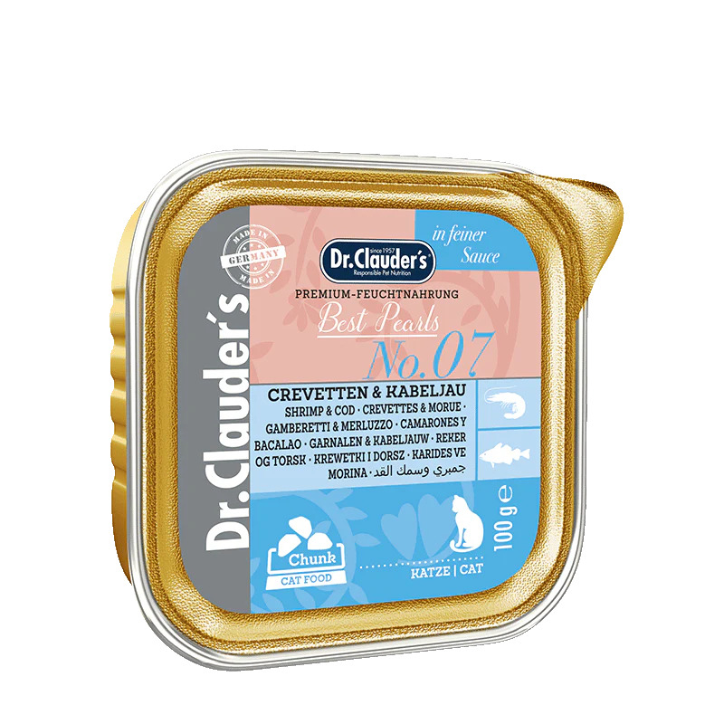 کنسرو غذای گربه بالغ دکتر کلادر مدل چانک طعم ماهی میگو وزن 100 گرم