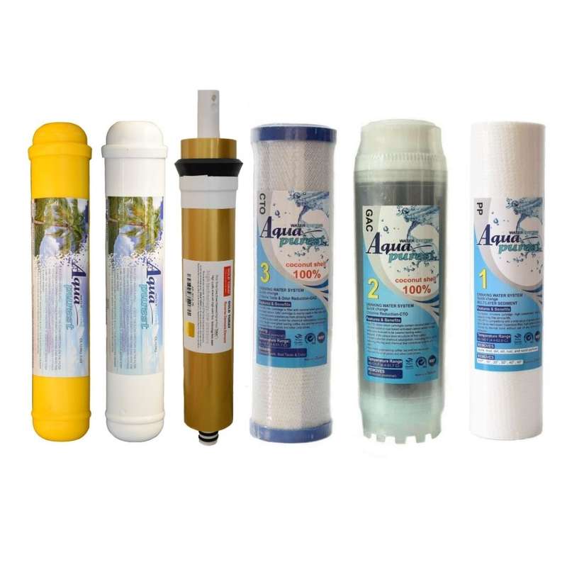 فیلتر دستگاه تصفیه کننده آب آکوا پیورست مدل RO-PAC NEW06 مجموعه 5 عددی به همراه فیلتر گلد تورای مدل 75G فیلتر دستگاه تصفیه کننده آب آکوا پیورست مدل RO-PAC NEW06 مجموعه 5 عددی به همراه فیلتر گلد تورای مدل 75G