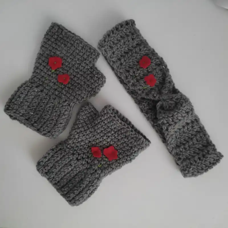 دستکش و هد بند بافتنی زنانه طرح گل کد hp61