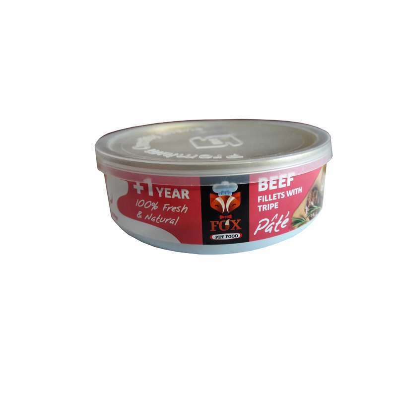 کنسرو غذای سگ فاکس پت فود مدل گوشت گاو و سیرابی وزن 200 گرم