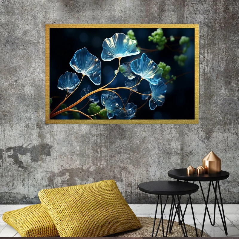 تابلو بکلیت طرح طبیعت و گل آبی مدل قاب شاسی T-S8601