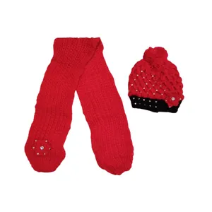 ست کلاه و شال گردن بافتنی بچگانه مدل نگین دار لب دو رنگ 002