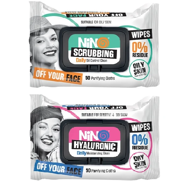 دستمال مرطوب نینو مدل SCRUBBING بسته 50 عددی به همراه دستمال مرطوب نینو مدل HYALURONIC بسته 50 عددی