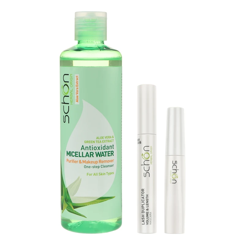 خط چشم ماژیکی شون مدل فیبولس رنگ مشکی به همراه ریمل حجم دهنده و بلندکننده شون حجم 11 میلی لیتر و میسلار واتر شون مدل آنتی اکسیدان مناسب برای انواع پوست حجم 300 میلی لیتر