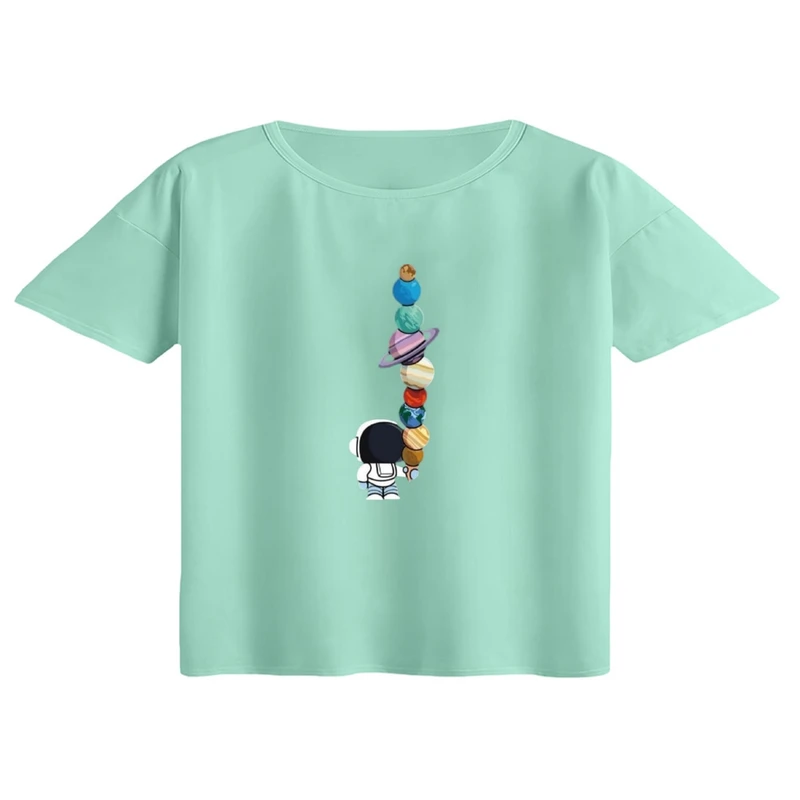 کراپ تی‌شرت آستین کوتاه زنانه مدل فضانور و بستنی و سیاره ها