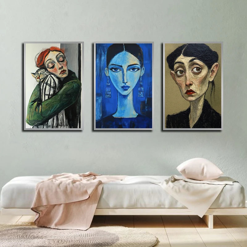 تابلو بکلیت طرح نقاشی رنگ روغن چهره مدل SI-3706 فریم نقره ای مجموعه 3 عددی
