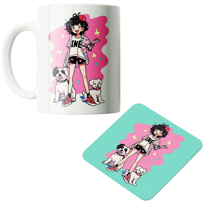 ماگ پاد آفرین مدل دخترانه طرح سگ کیوت فانتزی بامزه کارتونی کد PZ168 به همراه زیرلیوانی