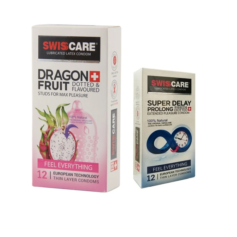 کاندوم سوئیس کر مدل DRAGON FRUIT بسته 12 عددی به همراه کاندوم سوئیس کر مدل SUPER DELAY بسته 12 عددی