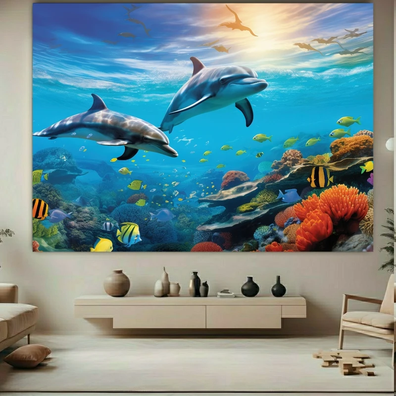 پوستر طرح مخمل حیوانات دریایی مدل دلفین و ماهی کد FP105196