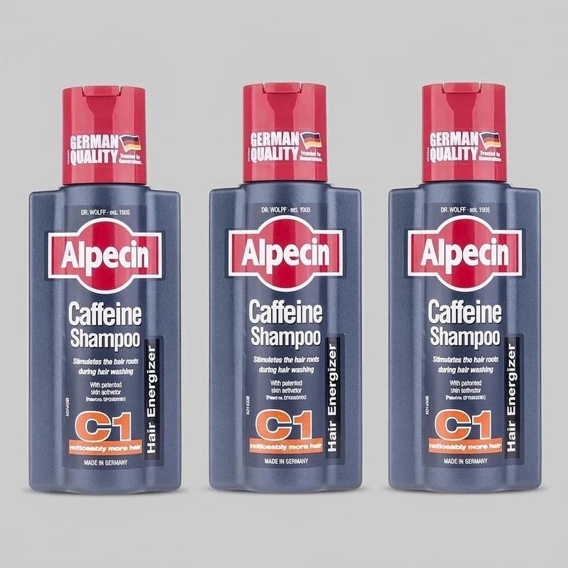 شامپو ضد ریزش و حجم دهنده مو آلپسین مدل Caffeine C1 با کمپلکس کافئین و نعناع، حاوی کراتین و ویتامین B3 حجم 250 میلی‌لیتر بسته 3 عددی مناسب برای انواع مو و آقایان